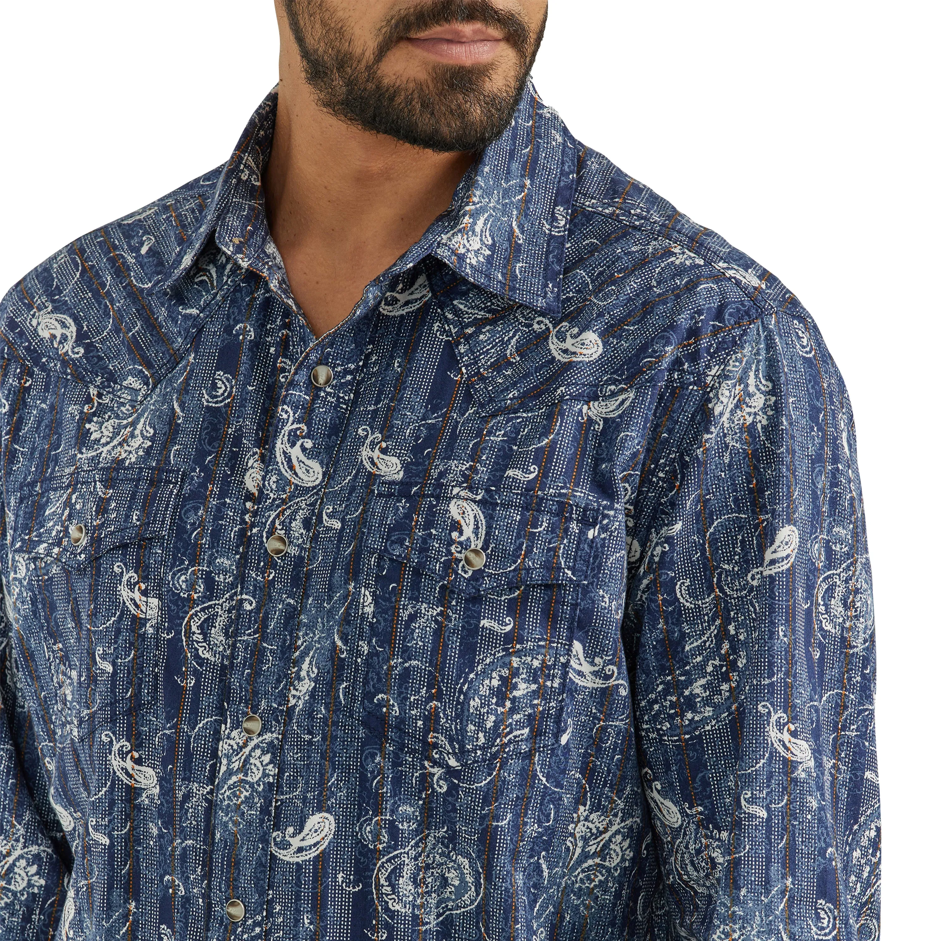 Men's Wrangler Retro Premium Navy/White Paisley Print Snap Western Shirt