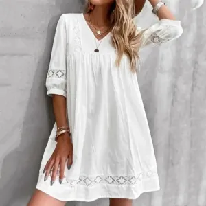 Vintage Half V Sleeve Sling Sun Lace Casual Short Loose Sleeve Smocked Beach Neck Summer Dress