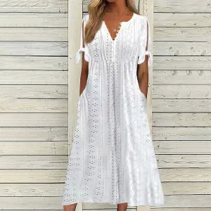 White Hollow Out Bow Short Sleeve Lace Waist Pocket Wedding Mother Casual Elegant Dress